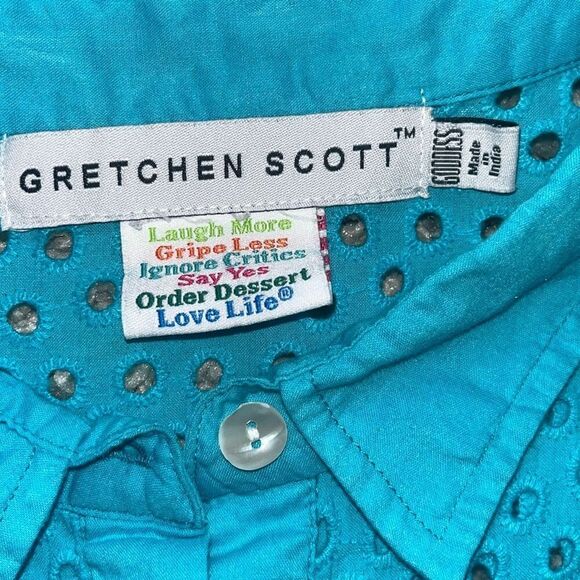 Gretchen Scott Popover Eyelet Collared 1/2 Button 3/4 Sleeve Shirt Teal Women’s - Picture 3 of 11